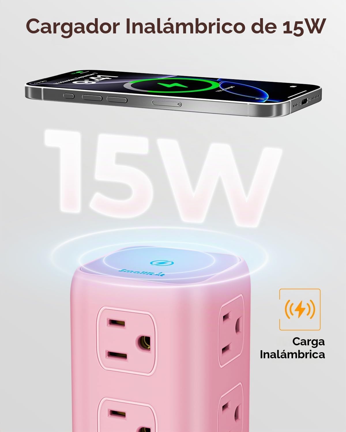 Regleta de alimentación rosa con 12 tomas, 4 USB (1 USB C), cable de extensión de 6.5 pies con múltiples tomas, estación de carga, torre de regleta de alimentación, suministros de escritorio de