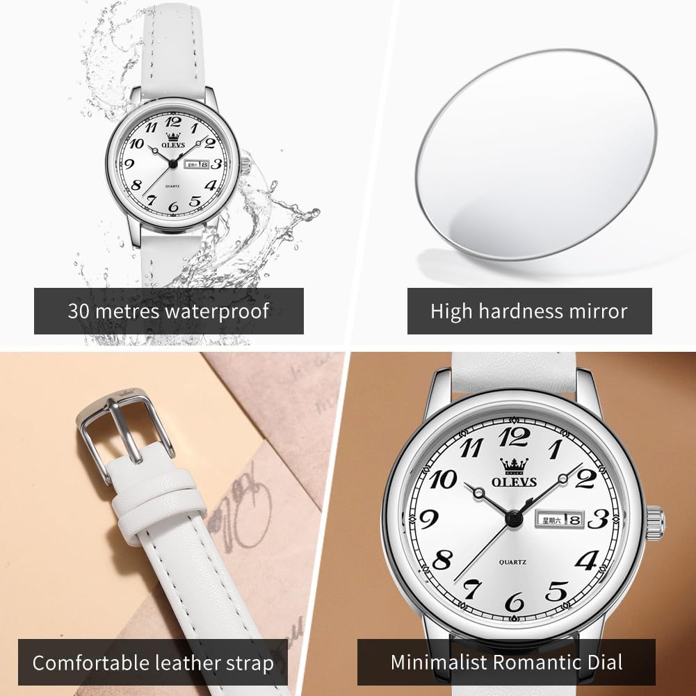 OLEVS Relojes de cuero para mujer lujo moda vestir impermeable cuarzo