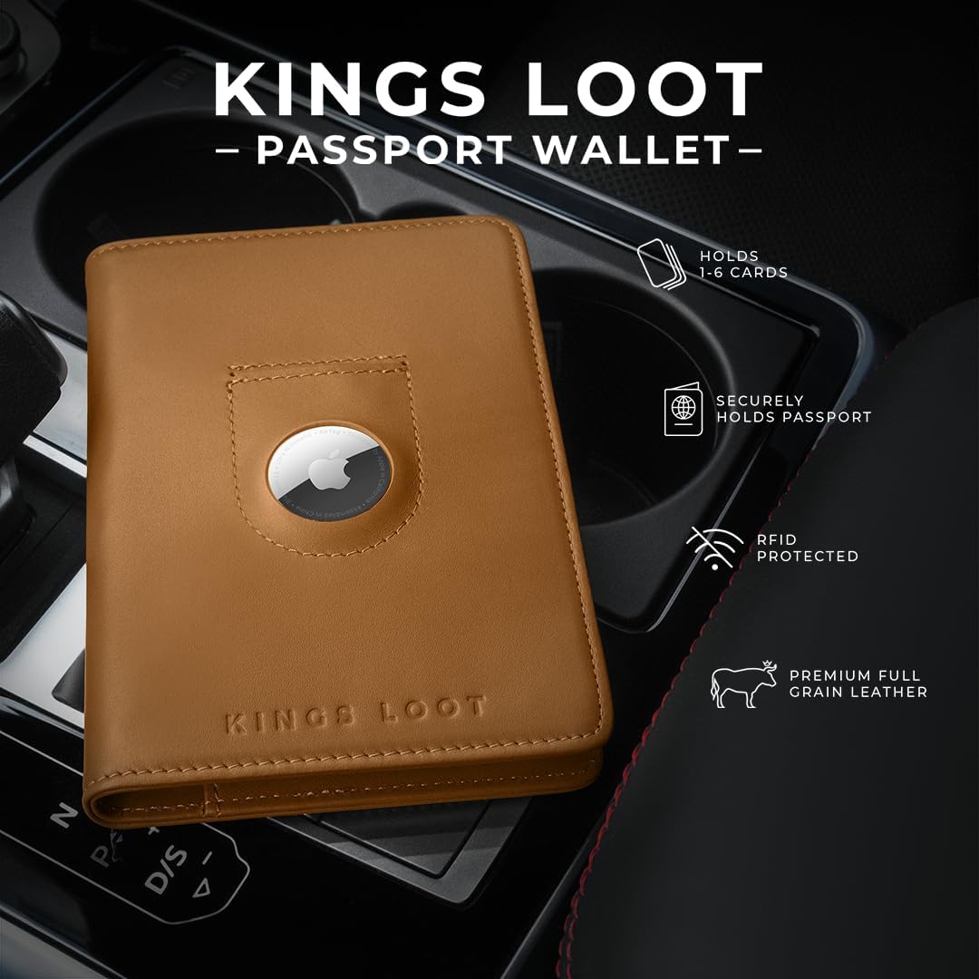 Kings Loot Cartera de pasaporte con soporte para AirTag, coñac