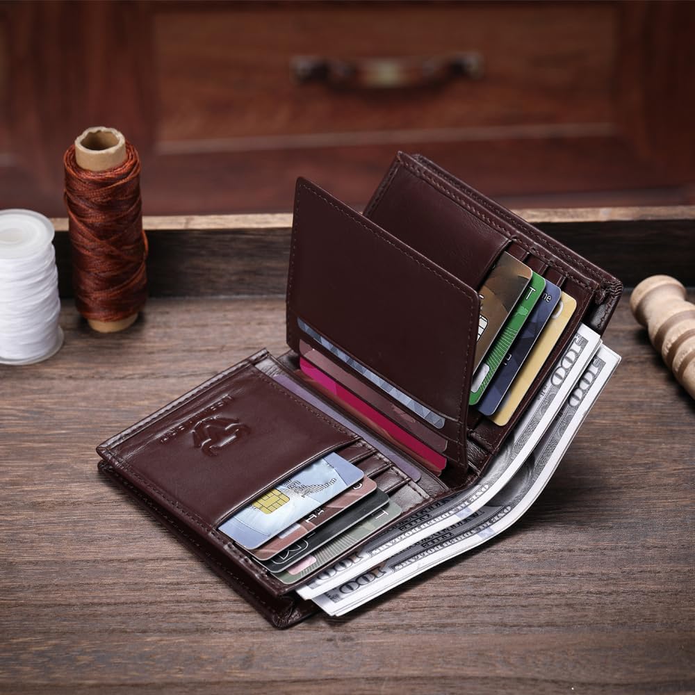 LEBULLBRO Billetera de cuero para hombre plegable con bloqueo RFID,...