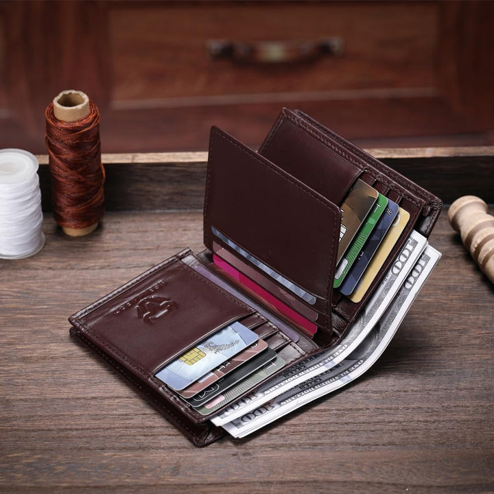 LEBULLBRO Billetera de cuero para hombre, billetera plegable con bl...