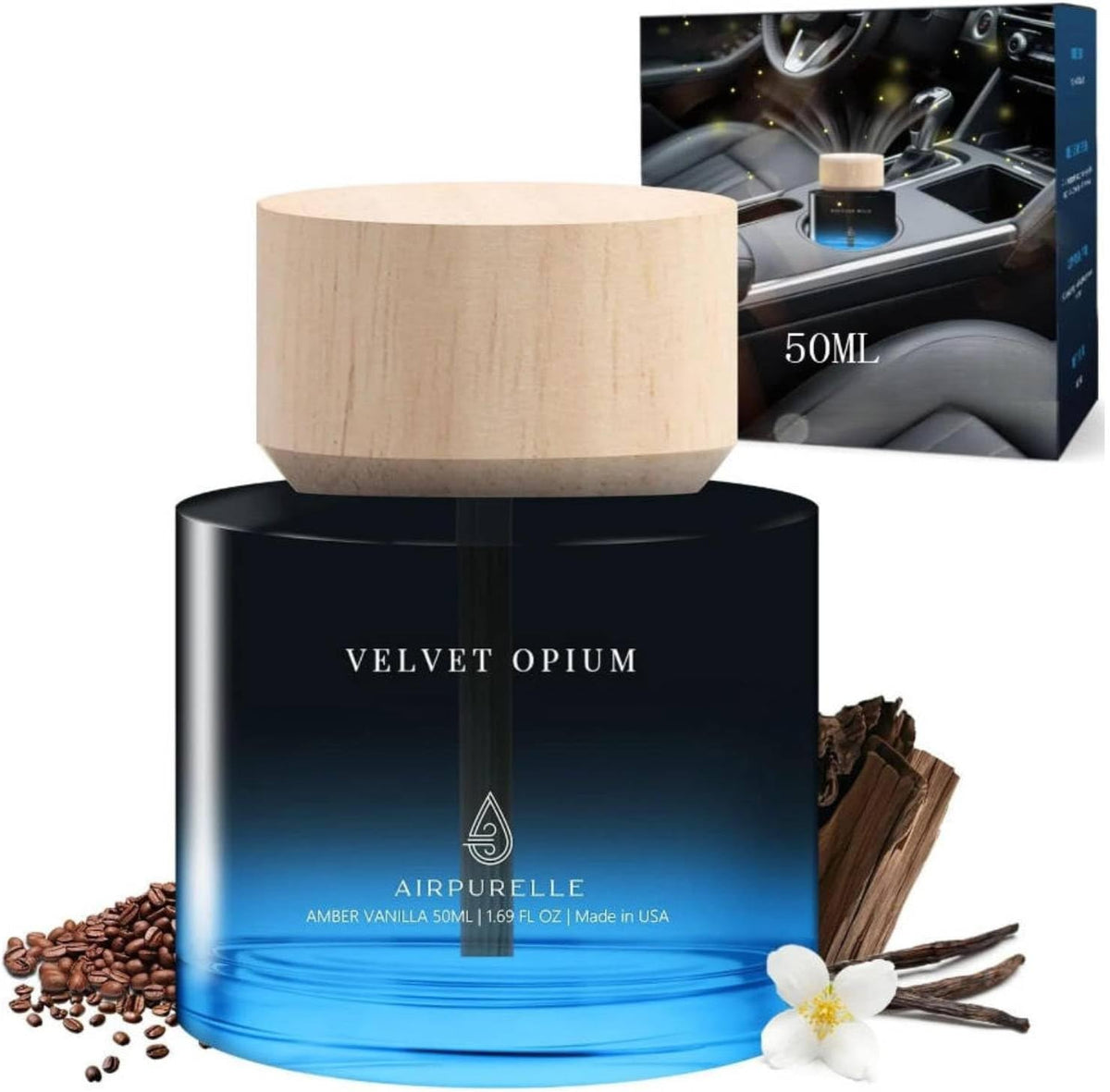 Ambientador para automóvil de 1.7 fl oz (1.7 onzas líquidas), difusor de ambientadores para automóvil, aceite de fragancia de vainilla ámbar, ambientador de aire para automóvil, más de 180 días de larga duración, diseño de taza de madera, fabricado en