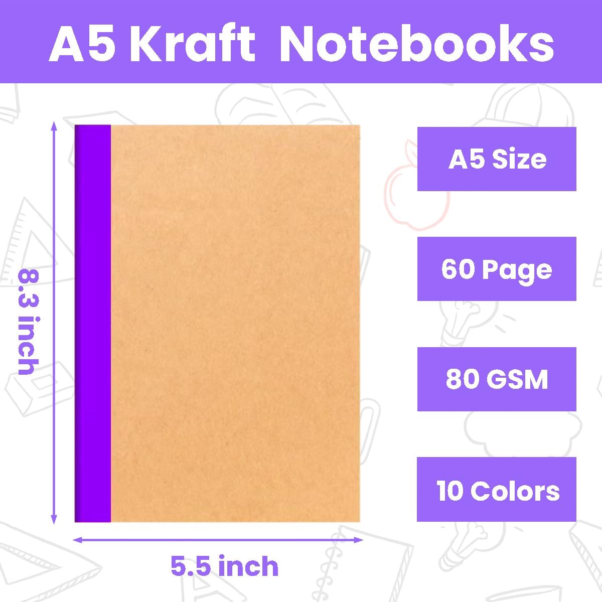 Paquete de 100 cuadernos A5 a granel, 8.3 x 5.5 pulgadas, cuadrados, de composición de papel de estraza rayada, 10 colores de tapa suave, diarios de viaje para estudiantes, aula, oficina (colorido, 60