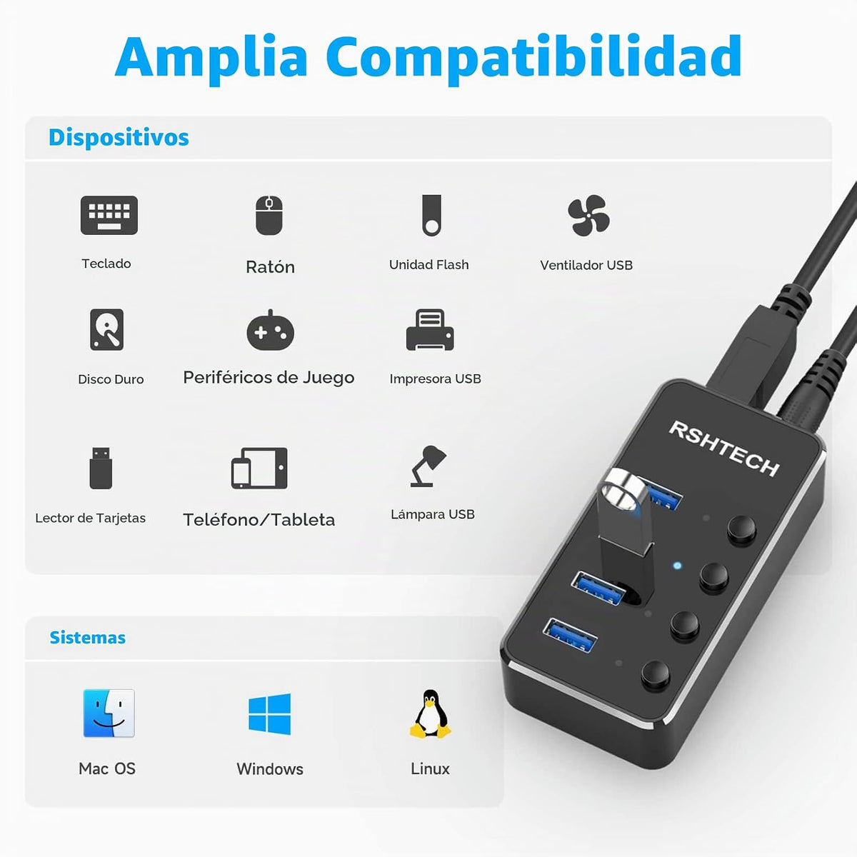 RSHTECH, hub USB 3.0 de 4 puertos, alimentado