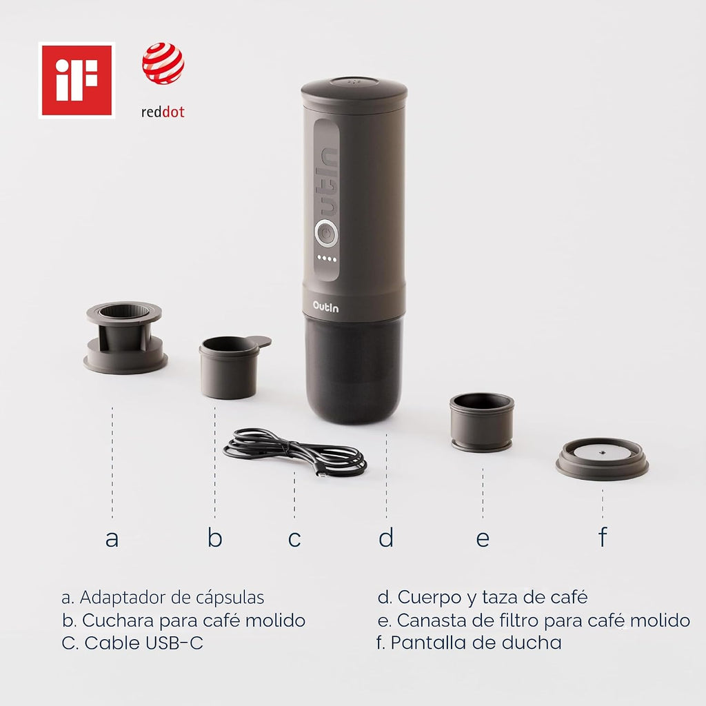 OutIn Nano Máquina de café espresso eléctrica portátil verde bosque con soporte de café con almohadilla de corcho