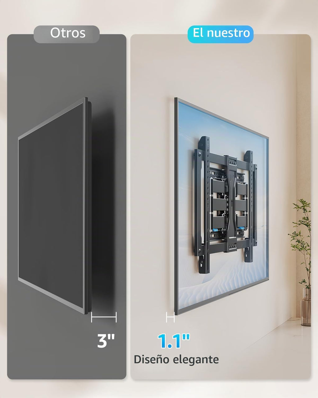 MOUNTUP Soporte de pared para TV ultra delgado para la mayoría de televisores de 37 a 90 pulgadas, soporte delgado de 1.1 pulgadas, soporte de soporte de TV de movimiento completo, brazos articulados giratorios dobles con inclinación, se adapta a pernos d
