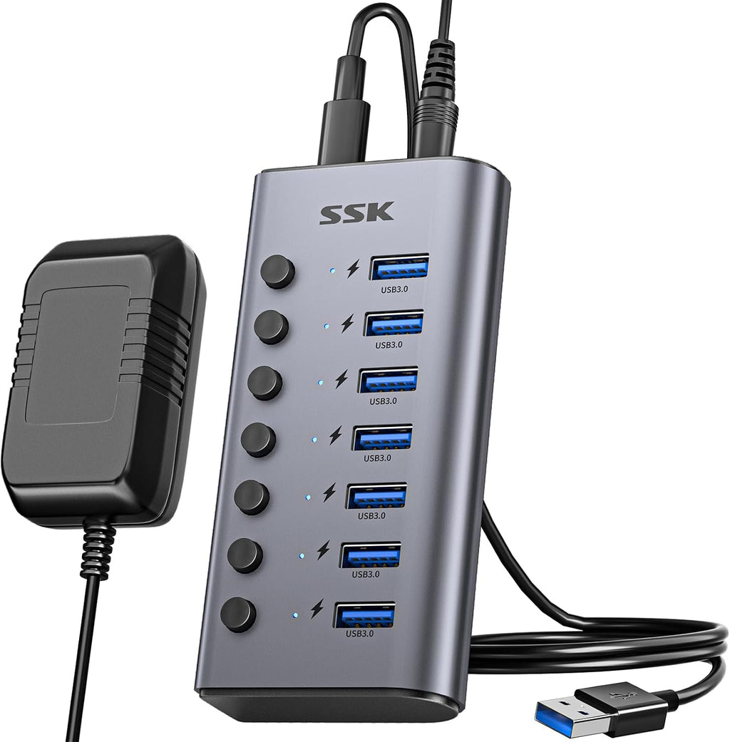 SSK, SHU0701, hub USB 3.0 de 7 puertos, alimentado, adaptador 12V/3A