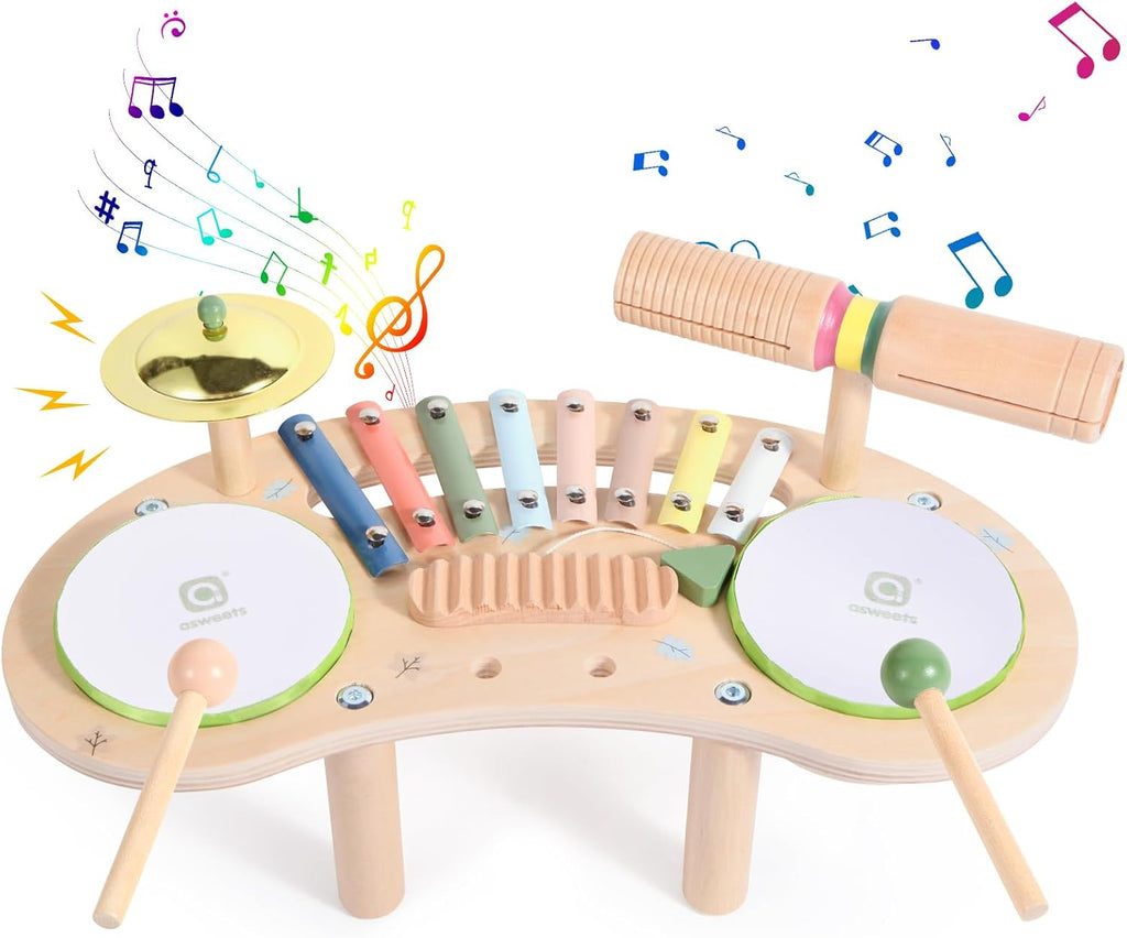 Asweets Juego de batería 7 en 1 para niños pequeños, xilófono de madera, kit de instrumentos musicales, juego para niños pequeños, juego de batería para bebés, juguetes Montessori, juguetes