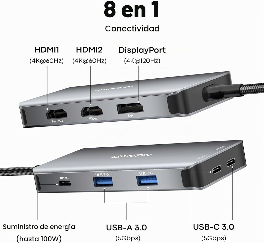 UANTIN - Estación de acoplamiento USB C con monitor dual, estación de acoplamiento para laptop 3 monitores