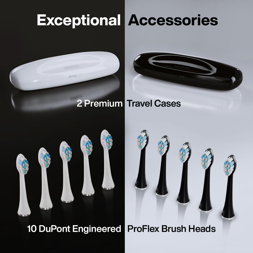 Aquasonic Duo Series PRO - Juego de cepillos de dientes eléctricos ultrablanqueadores - 5 modos y temporizadores inteligentes - Estuches de viaje premium y 10 cabezales de cepillo Proflex - Cepillos