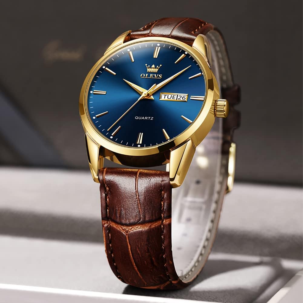 OLEVS Reloj de piel marrón para hombre, lectura elegante de vestir, reloj de pulsera con fecha diaria, cuarzo