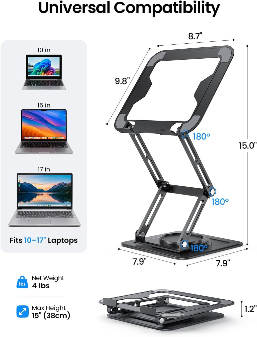 Soporte para laptop de 15 pulgadas para escritorio giratorio de 360°