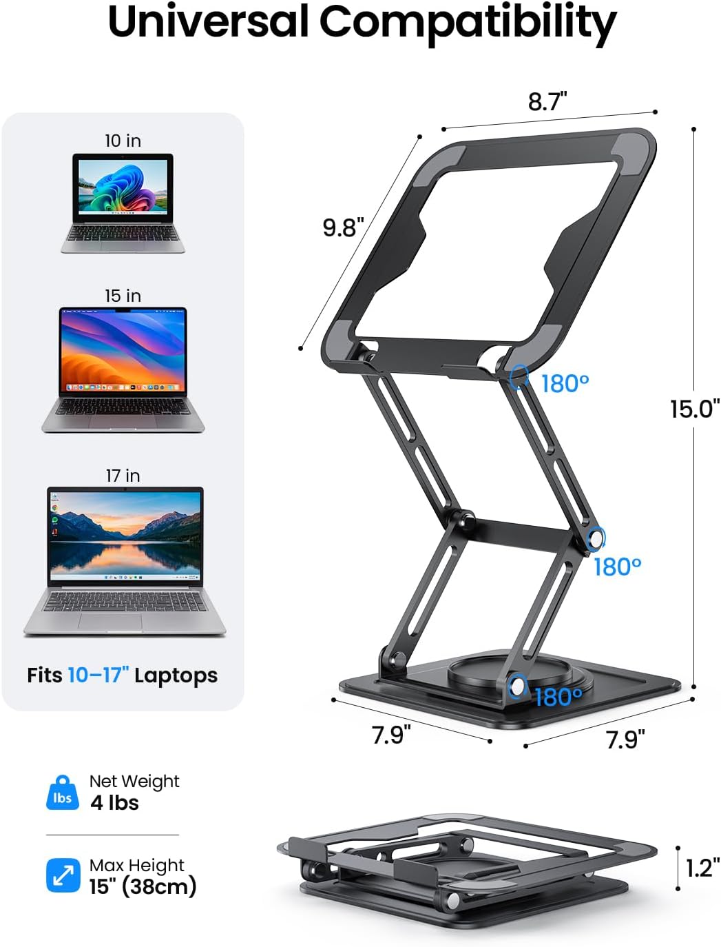 Soporte para laptop de 15 pulgadas para escritorio giratorio de 360°