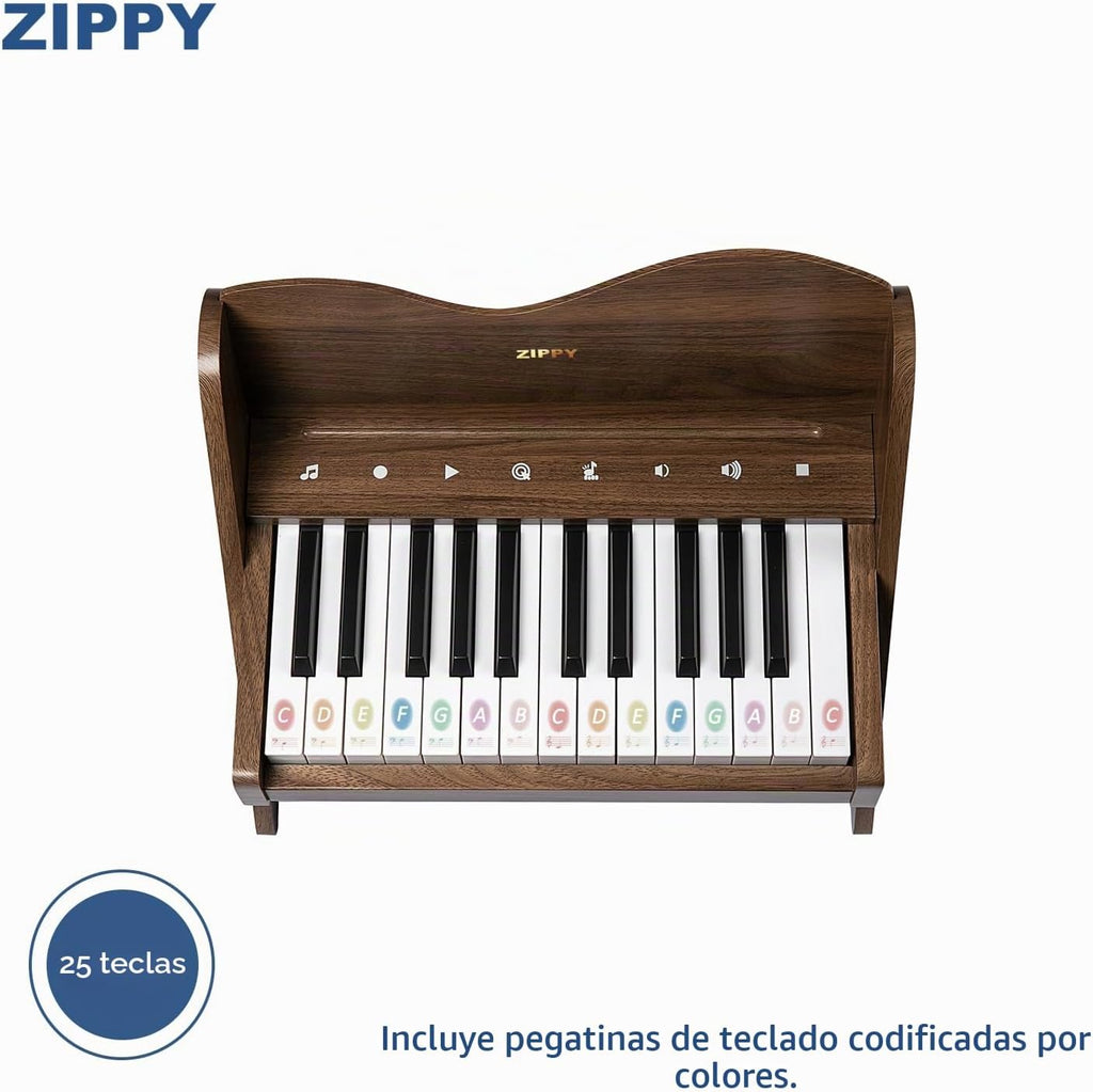ZIPPY Teclado de piano para niños, piano digital de 25 teclas para niños, panel de control sensible al tacto, volumen ajustable, mini juguete de instrumento educativo musical, juguete de madera para niños pequeños y niñas (nogal)