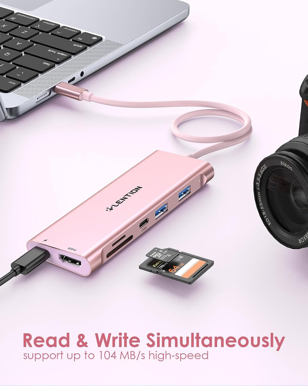 LENTION Hub USB C 7 en 1, cable de 1 pie, 4K @60Hz, 100W PD, A y C