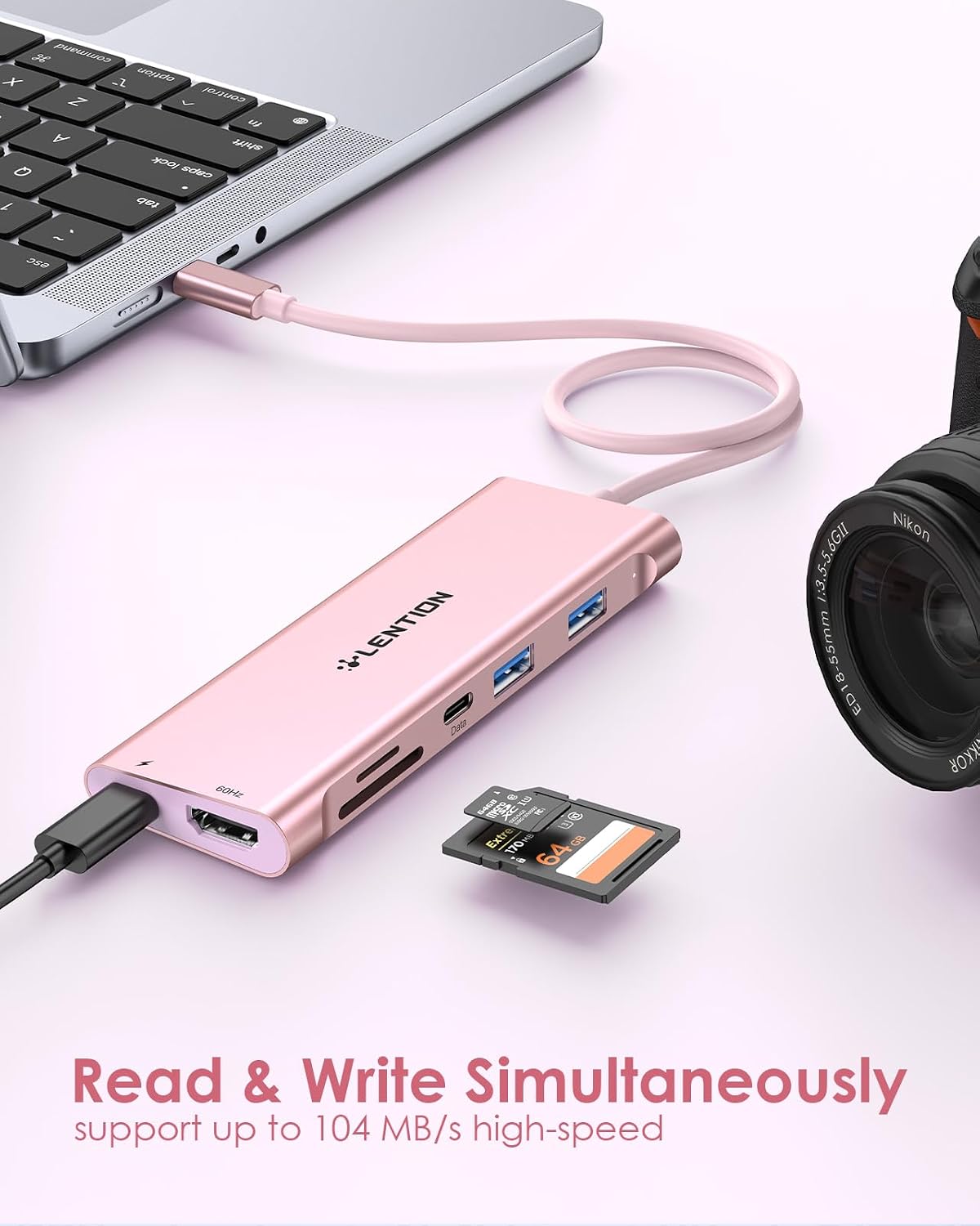 LENTION Hub USB C 7 en 1, cable de 1 pie, 4K @60Hz, 100W PD, A y C
