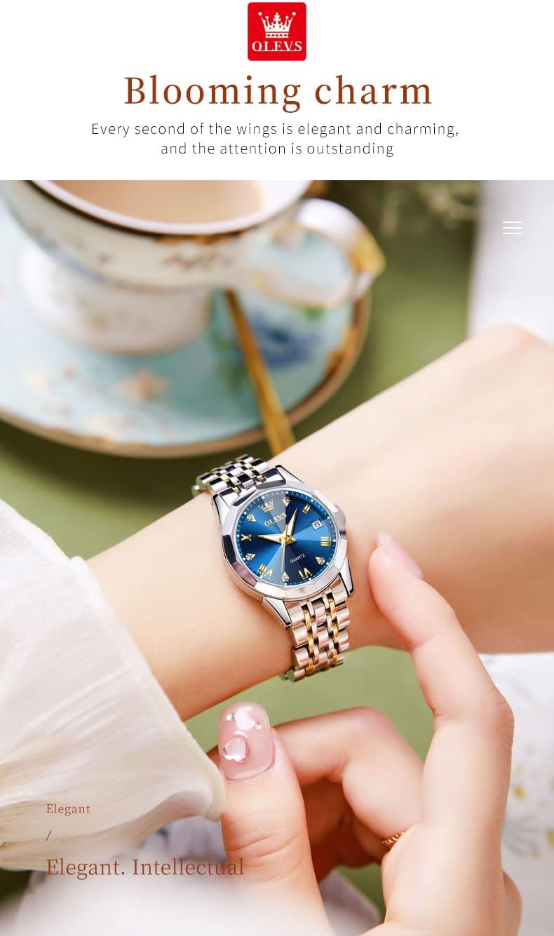 OLEVS Reloj para Mujer Moderno de Moda con Diamantes para Damas Analógico, Acero Inoxidable, Resistente al Agua, Luminosa, Día, Fecha, Dos Tonos