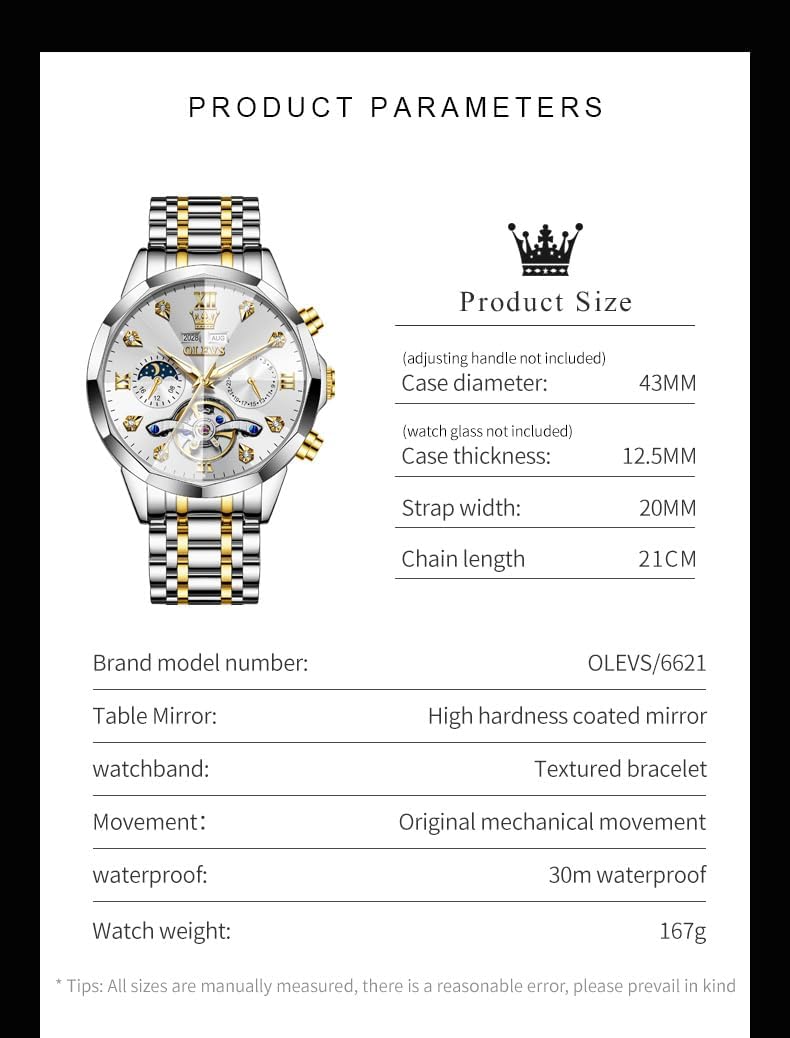 Reloj OLEVS Skeleton para Hombre Automático de Negocios Lujo con Diamante, Reloj Automático de Carga, Reloj de Pulsera con Calendario de Acero Inoxidable