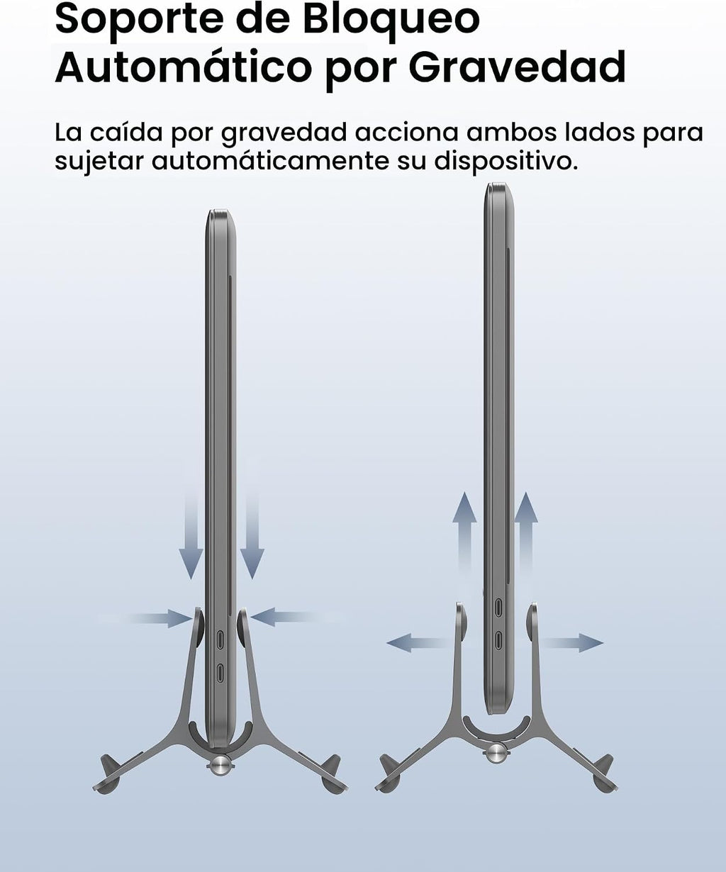 Soporte vertical para laptop para escritorio, soporte para MacBook con bloqueo automático por gravedad, soporte vertical de aluminio para laptop compatible con MacBook Pro, Air, tableta, ahorro de espacio, organiza el trabajo y la oficina en casa, gris
