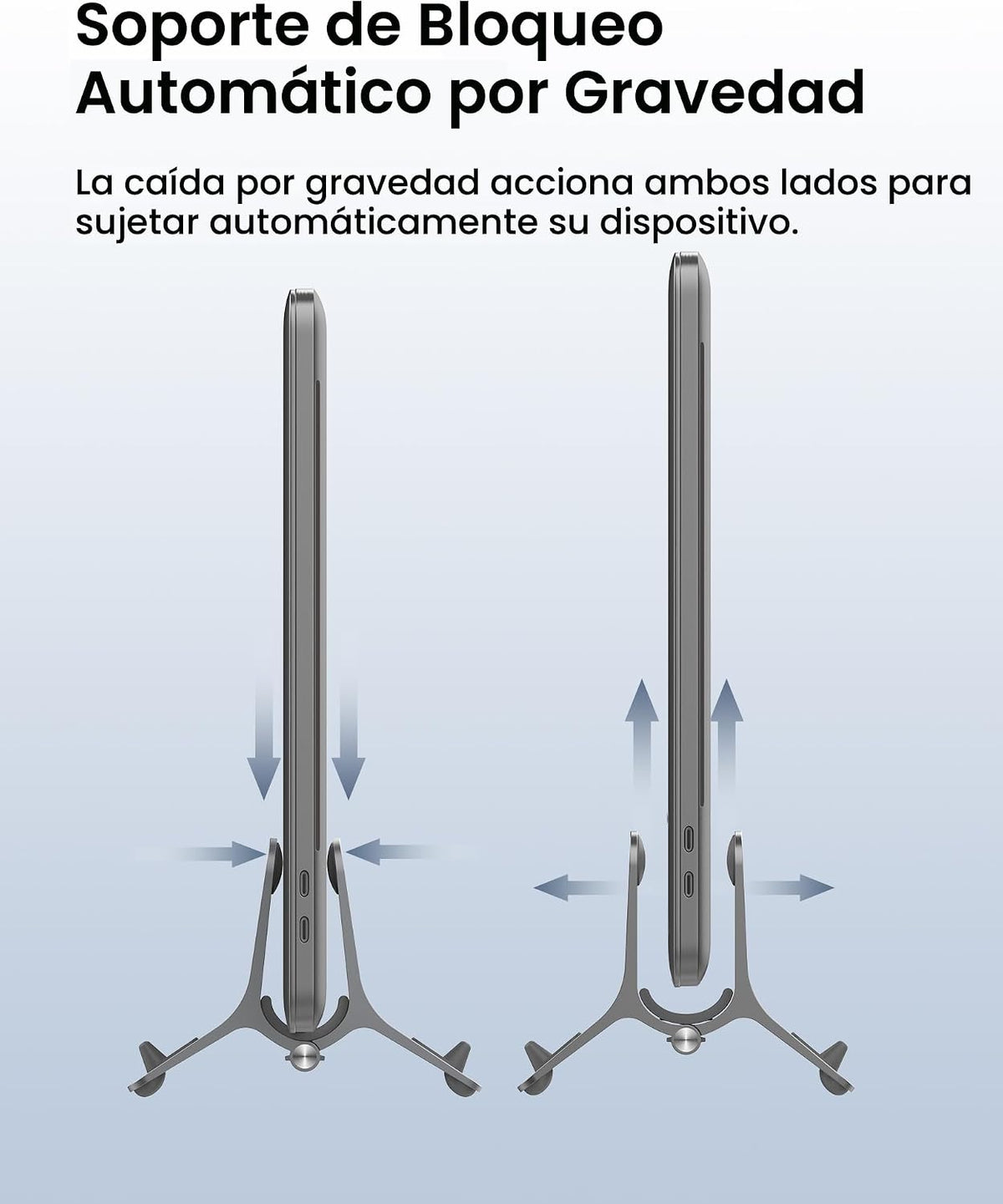 Soporte vertical para laptop para escritorio, soporte para MacBook con bloqueo automático por gravedad, soporte vertical de aluminio para laptop compatible con MacBook Pro, Air, tableta, ahorro de espacio, organiza el trabajo y la oficina en casa, gris