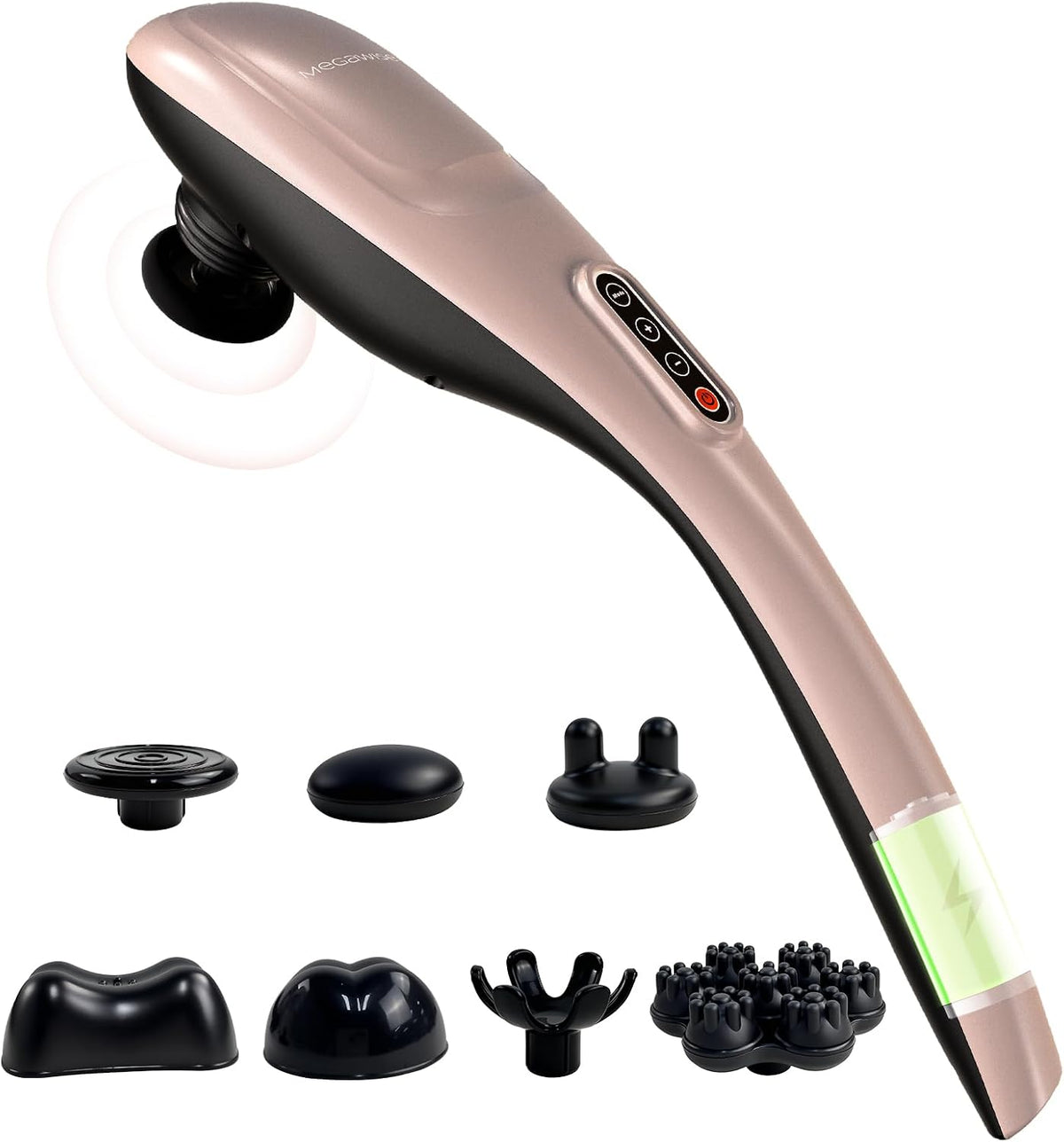 MEGAWISE Masajeador de espalda inalámbrico de mano con batería recargable de 3200 mAh, 5 velocidades y 5 + 2 nodos de masaje con nodos de silicona duros, medios y 2 suaves; masajea mientras te mueves