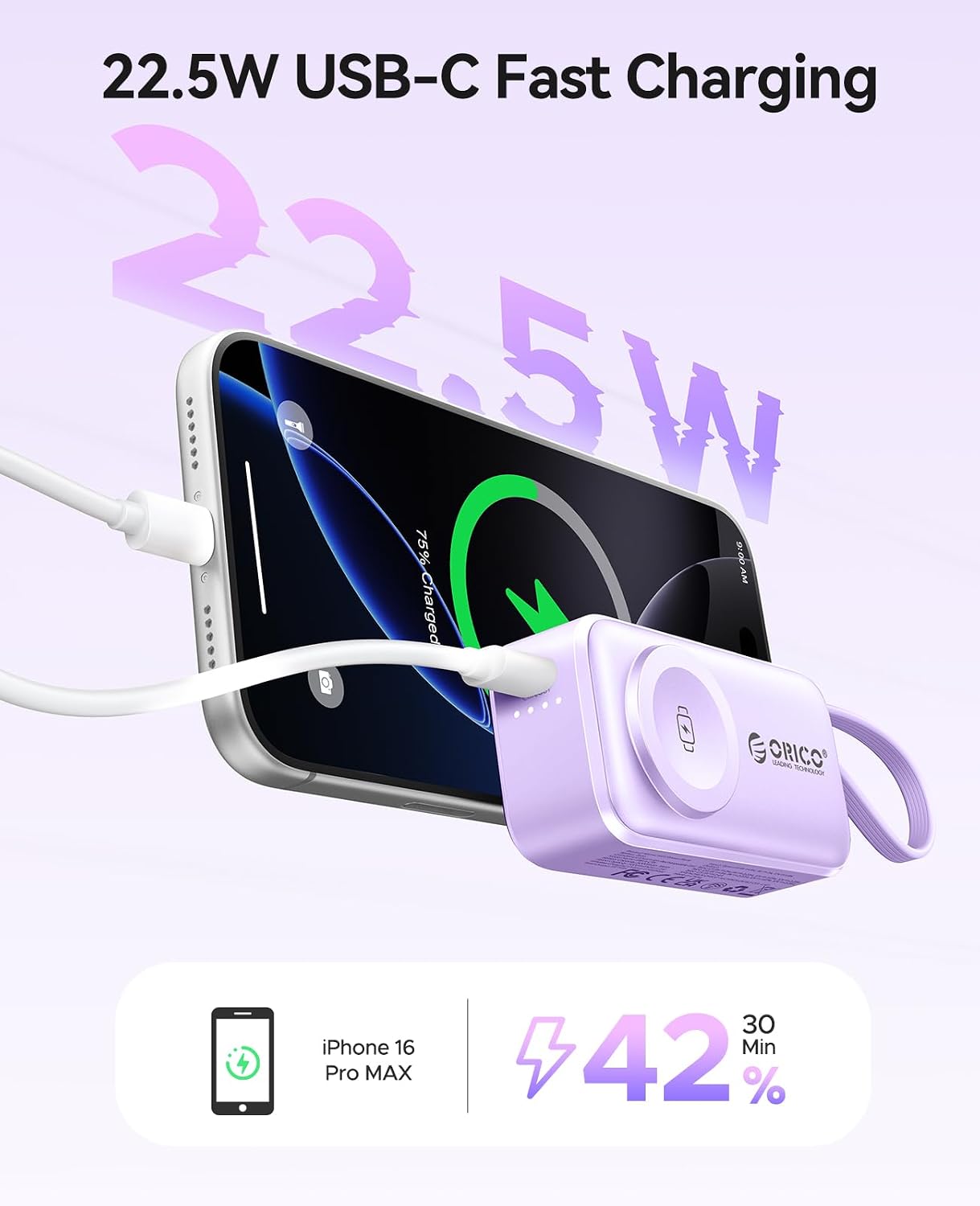 ORICO Cargador portátil con cable Lightning integrado, cargador de...
