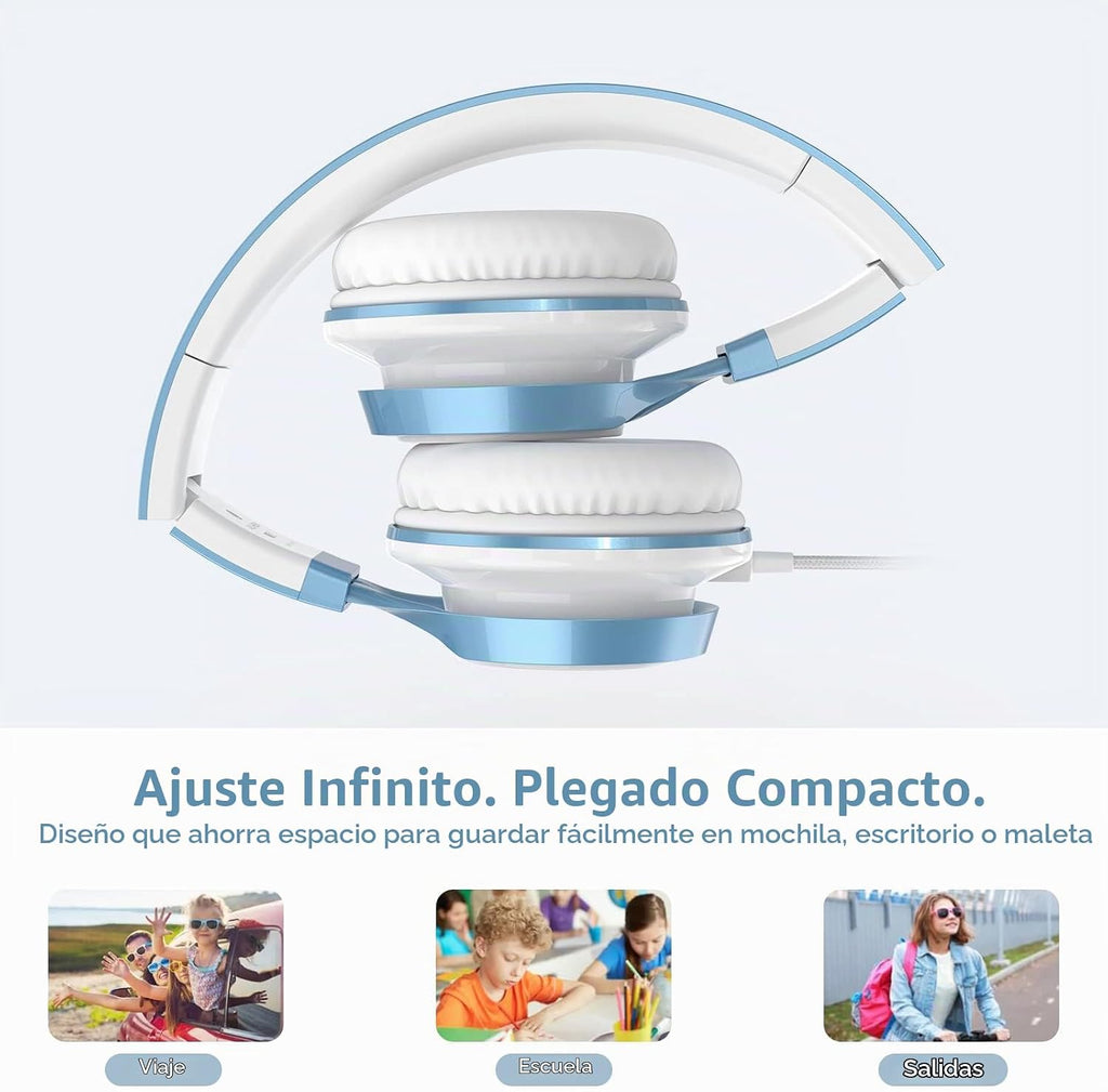 Ailihen Auriculares para Niños para Escuela, con cable de 3.5 mm y micrófono para adolescentes, SkyBlue