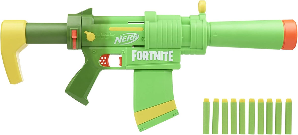 Nerf Fortnite SMG-Zesty Blaster, 10 Nerf Elite Darts, 10-Dart Clip, Removable Stock & Barrel, Fortnite Gifts para Boys & Girls