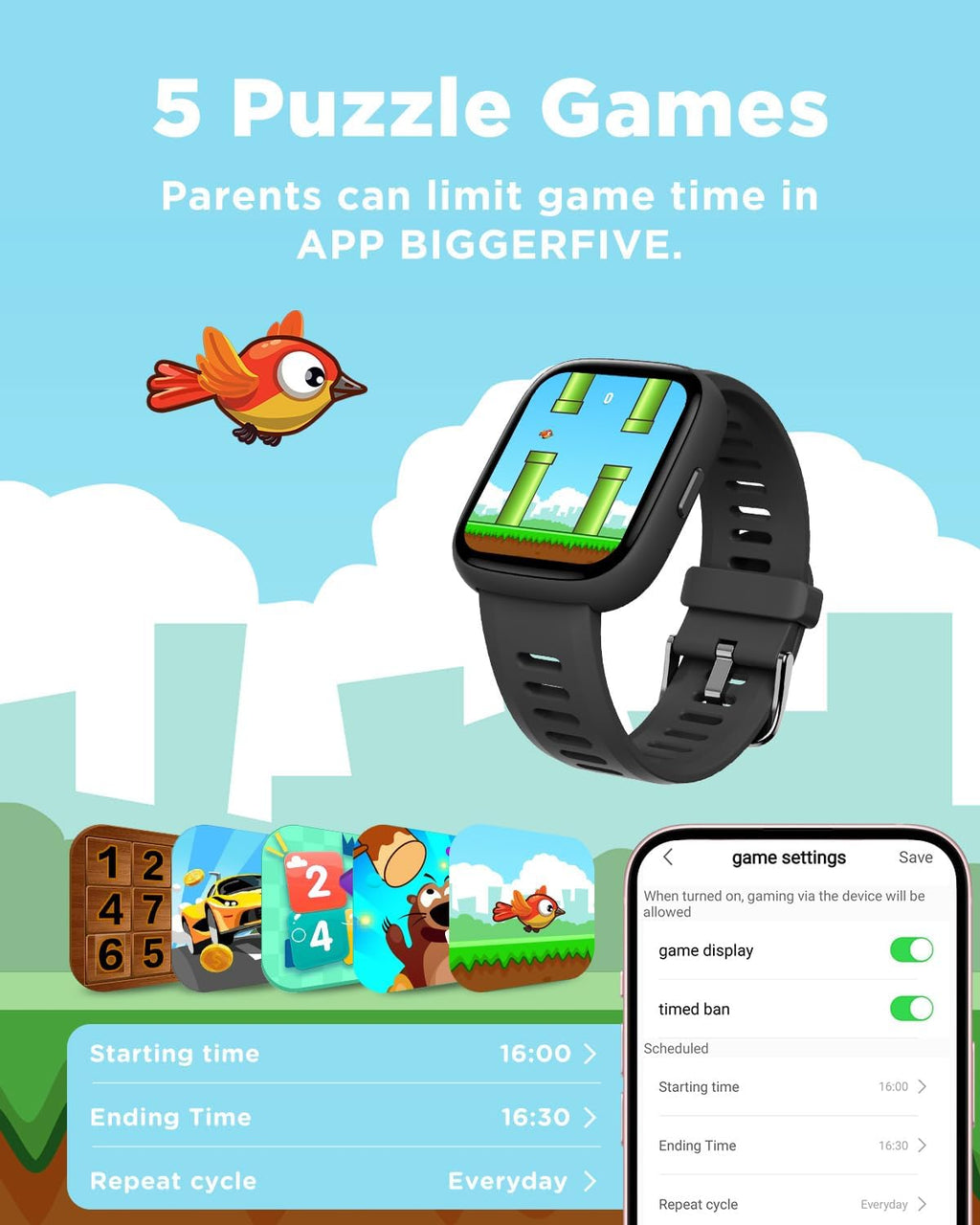 BIGGERFIVE Reloj inteligente para niños, reloj de seguimiento de fitness de