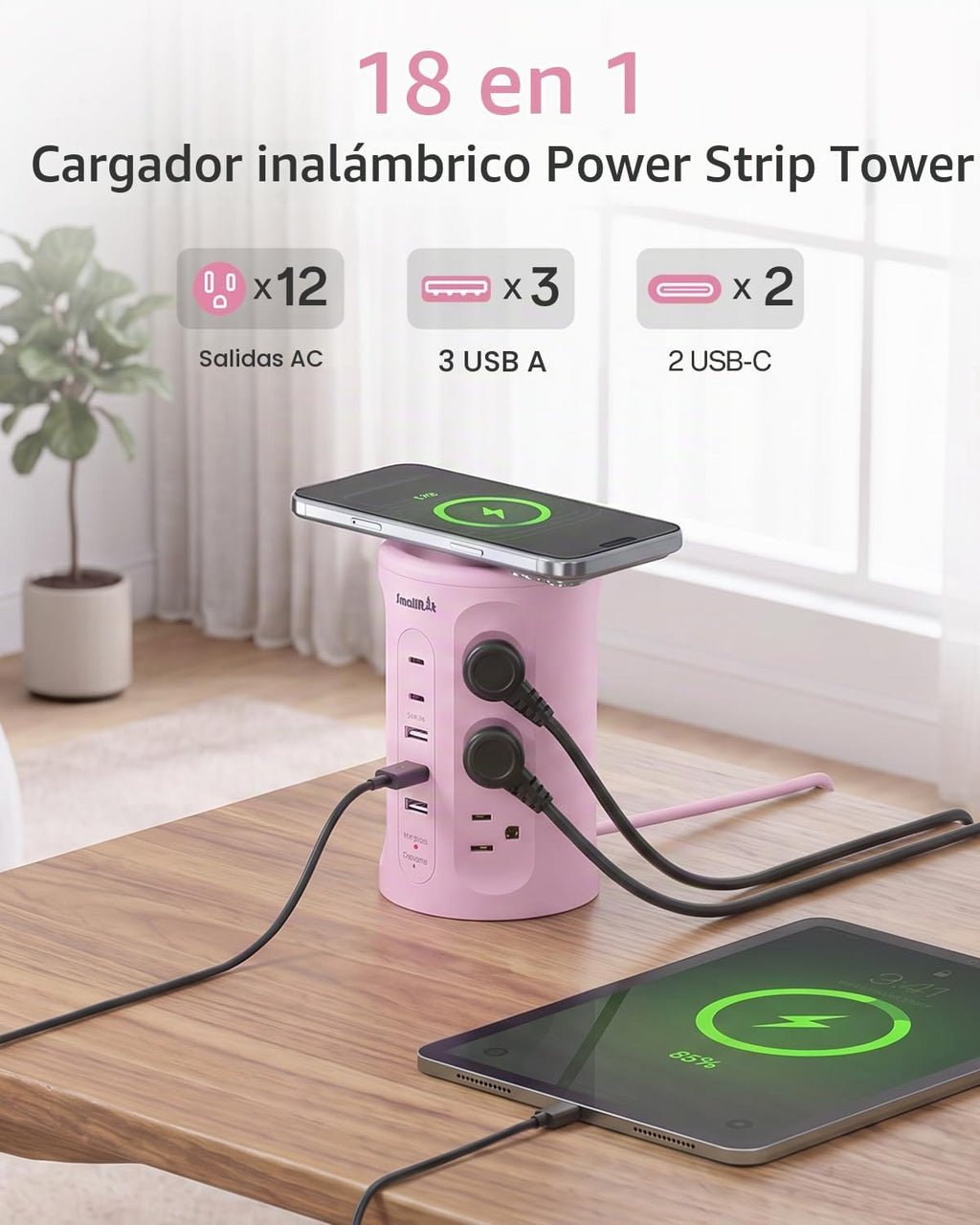 Regleta de alimentación con puertos USB, cable de extensión con múltiples salidas (12AC+3A+2C), estación de carga de torre de escritorio rosa de 6.5 pies para el hogar, oficina, dormitorio