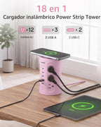 Regleta de alimentación con puertos USB, cable de extensión con múltiples salidas (12AC+3A+2C), estación de carga de torre de escritorio rosa de 6.5 pies para el hogar, oficina, dormitorio