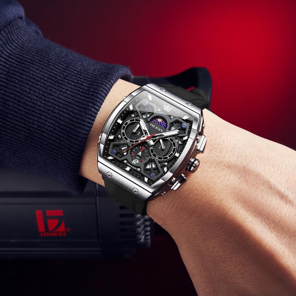 OLEVS Relojes para Hombre Casual Lujo Cara Grande Cronógrafo Multifuncional Relojes de Hombre Correa de Silicona/Nylon Duradera 3 ATM Resistente al Agua Reloj de Hombre Fecha Fase Lunar Reloj