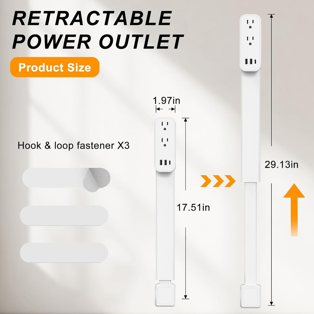 Extensor de tomacorriente: cuenta con USB-A, USB-C y 2 salidas de CA, se extiende de 17.5 a 29.1 pulgadas, gira 360° de acceso de difícil acceso, enchufes de pared, mesas de noche, sofás, escritorios