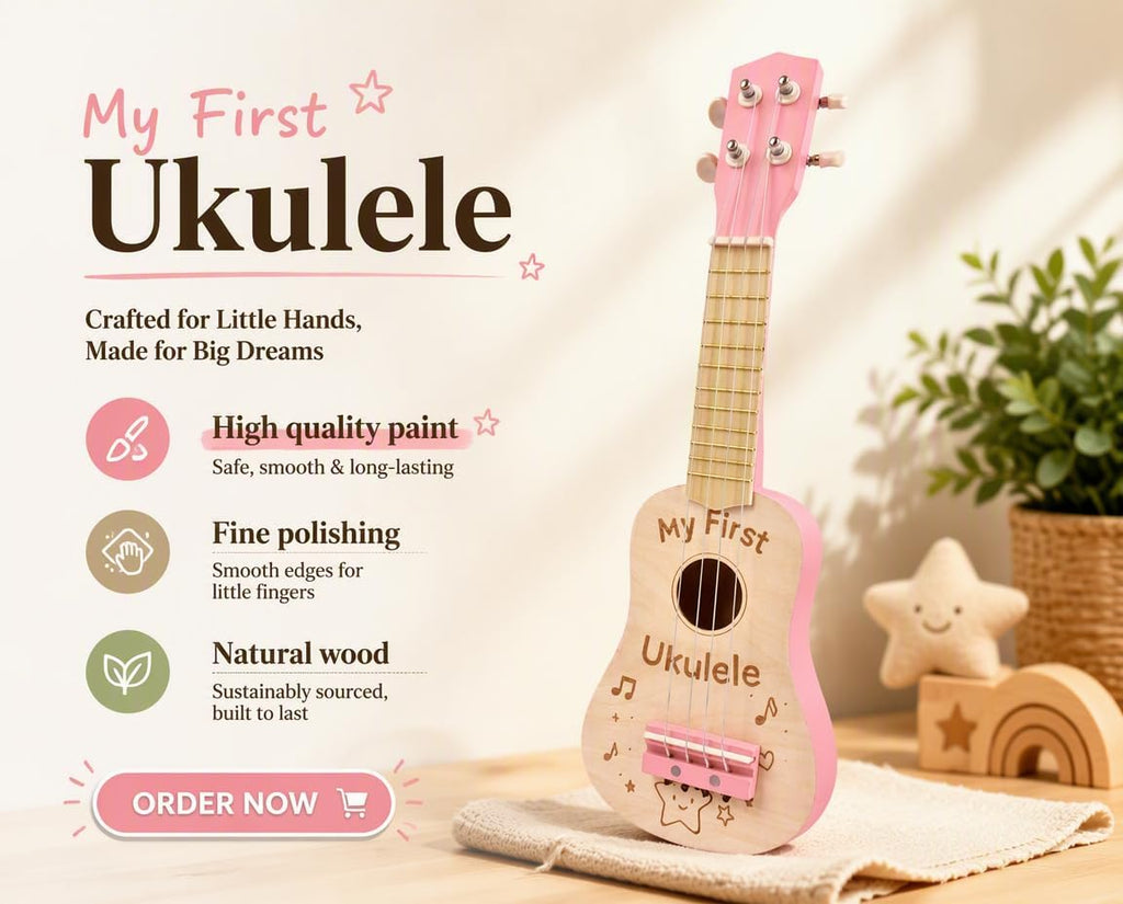 Ukulele de Madera para Niños de 17 Pulgadas, Rosa