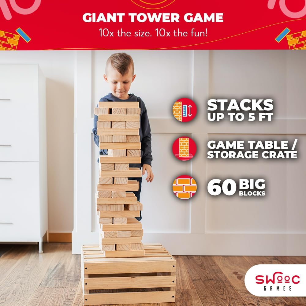 Splinter Woodworking - Juego de torre gigante Co | 60 bloques grandes | Caja de almacenamiento/mesa de juegos al aire libre | Comienza con más de 2.5 pies de altura | Altura máxima de 5 pies | Juegos de patio de superposición jumbo genuinos | Juego de
