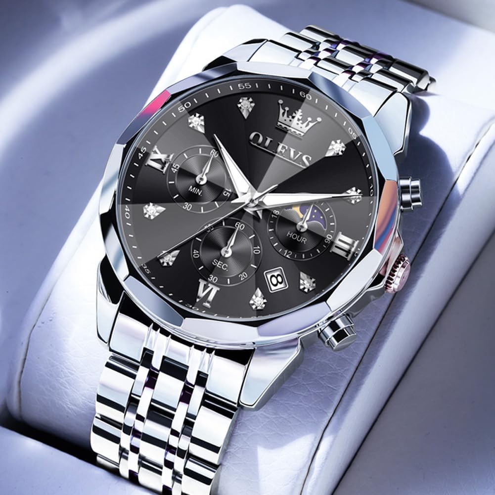 OLEVS Reloj de pulsera para hombre de acero inoxidable con cronógrafo de