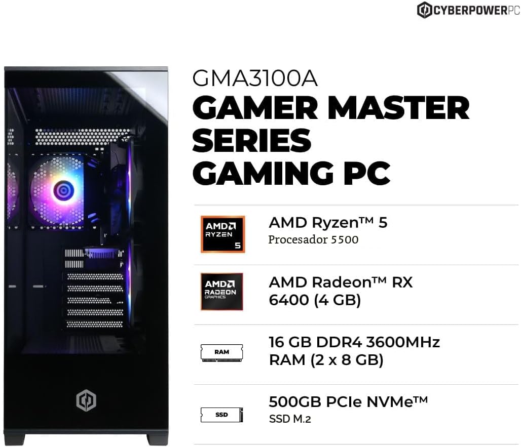 CYBERPOWERPC Gamer Master Gaming PC, AMD Ryzen 5 5500 3.6GHz, Radeo...
