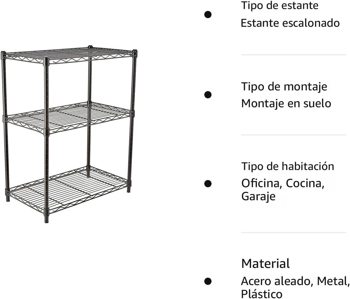 Amazon Basics 3-estante ajustable, unidad de almacenamiento de alta resistencia (capacidad de carga de 250 lbs por estante), rack de alambre organizador de acero, negro (23.3L x 13.4W x 30H)