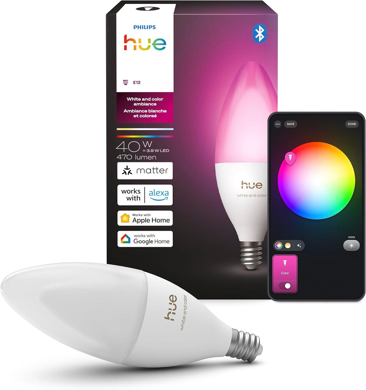 Philips Hue Bombilla LED inteligente para vela, B39, E12, 1 paquete, ambiente blanco y color, luz de espectro completo 1000K-20000K, 470 lm, atenuación ultrabaja, Chromasync, Alexa, Google Home, Apple