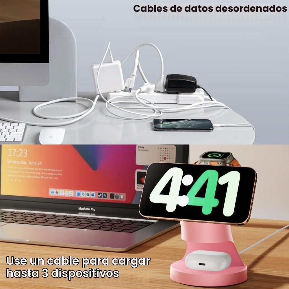 Estación de carga inalámbrica 3 en 1 para dispositivos Apple, color rosa