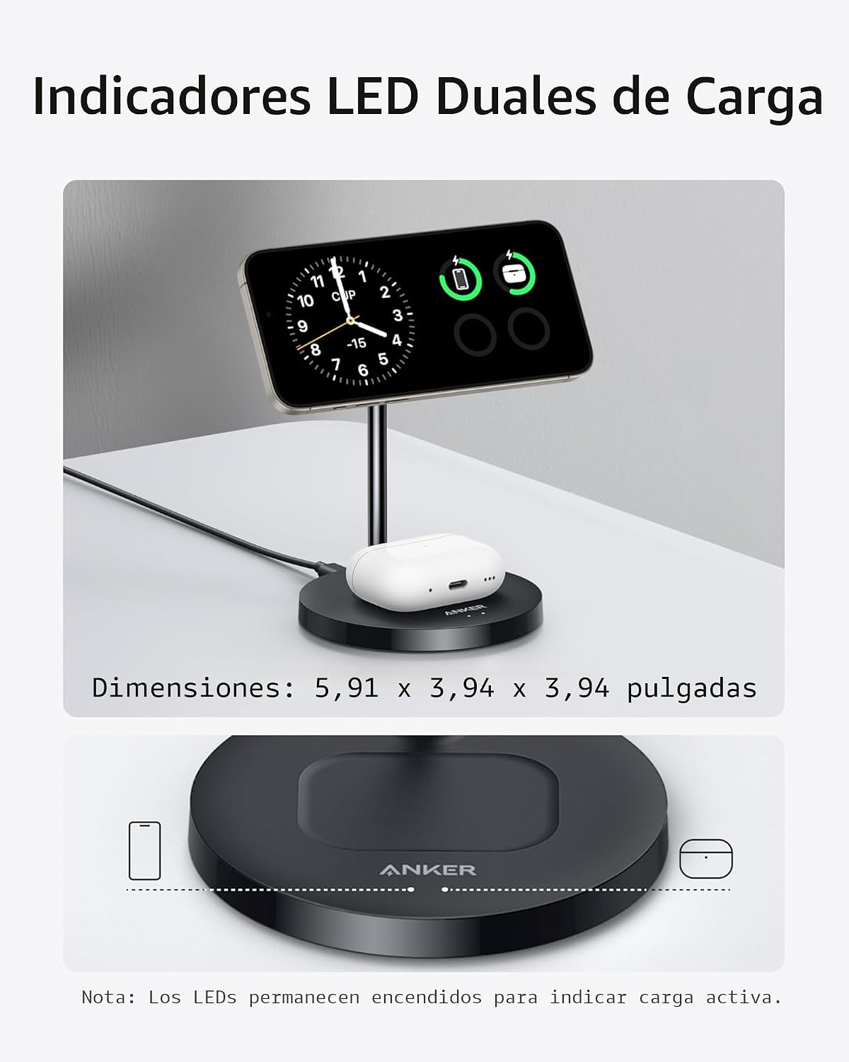 Anker MagGo 2-en-1 MagSafe Compatible Qi2 15W Carga inalámbrica Stand
