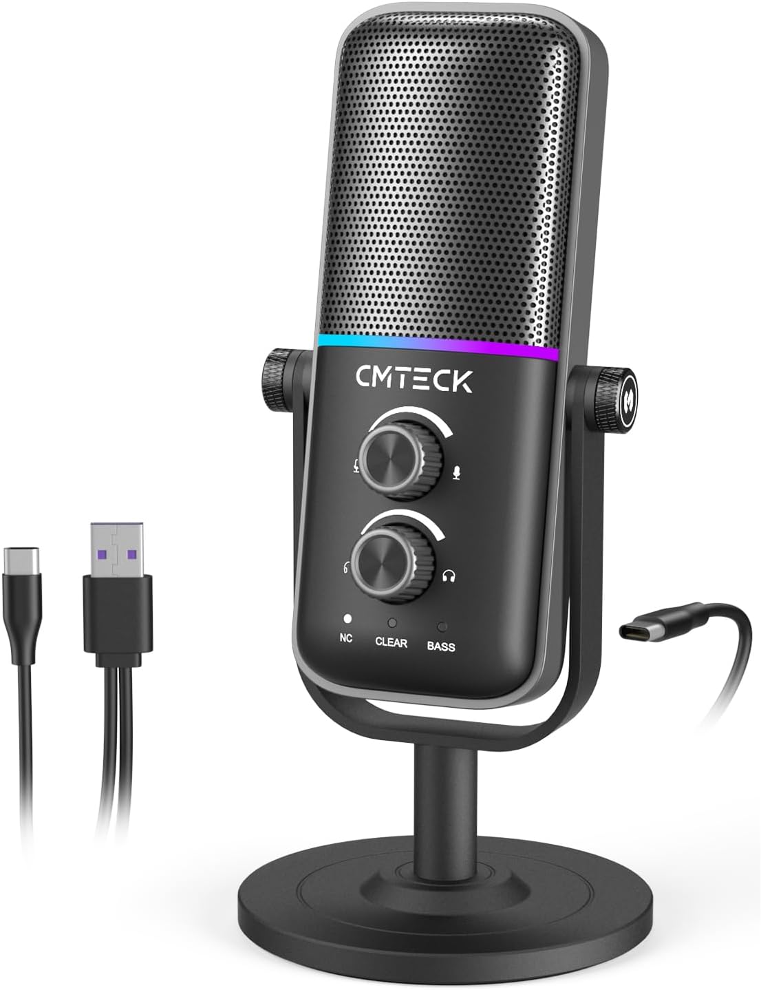 CMTECK Micrófono USB para PC, PS4/PS5, portátil, micrófono de computadora con iluminación RGB, botón de silencio, ganancia de micrófono, Plug & Play, 3 modos de sonido para transmisión, podcasting, grabación
