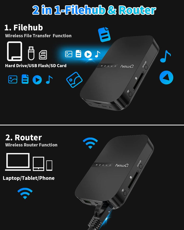 NEWQ Filehub AC750 Router de viaje: lector de tarjetas SD de disco...