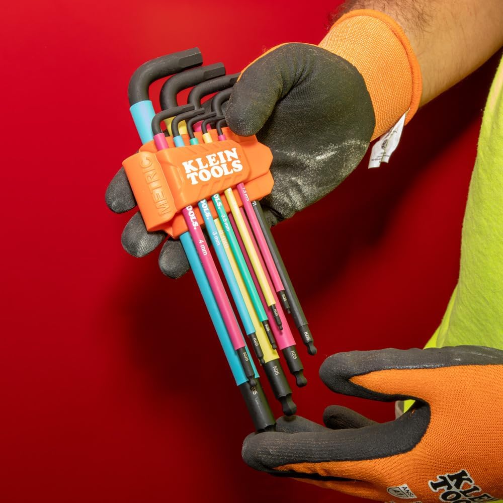 Klein Tools BLS18 Juego de llaves hexagonales, codificadas por color, SAE y métricas, tratadas térmicamente, estilo L, brazo largo y extremo de bola, de 1/16 de pulgada a 3/8 de pulgada y de 1.5 mm a