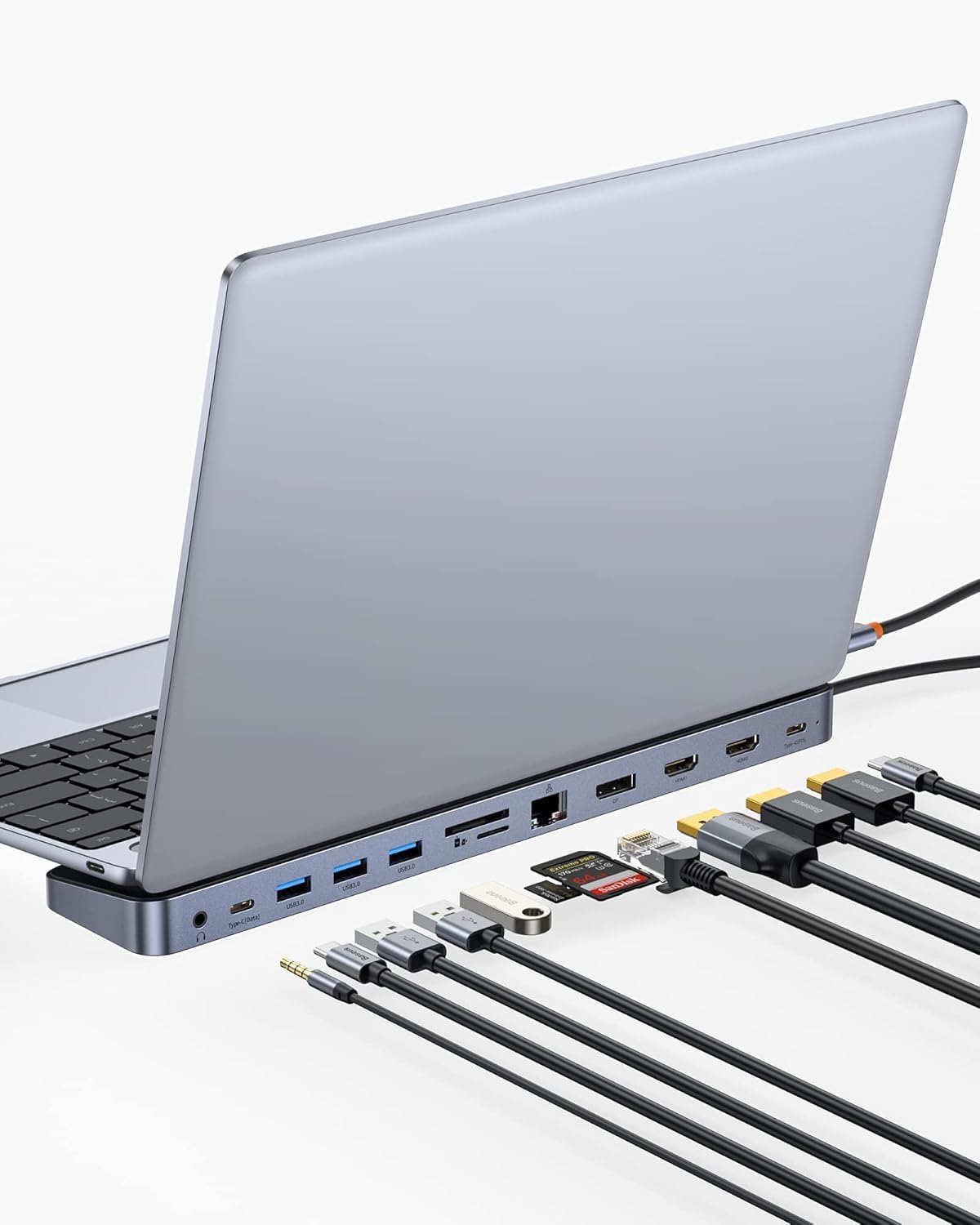 Baseus Estación de acoplamiento para portátil, estación de acoplamiento multitarea 4K con 2 HDMI+DP, PD, 3 USB-A, RJ45, audio, lector de tarjetas TF/SD, concentrador USB compatible con MacBook/Dell/HP