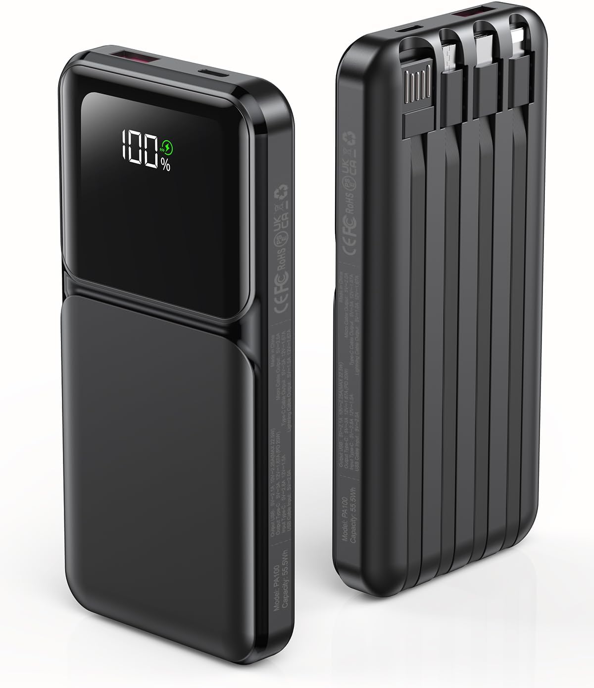 RONEGN Cargador portátil con cable integrado, Negro, 10000.0 milliamp_hours