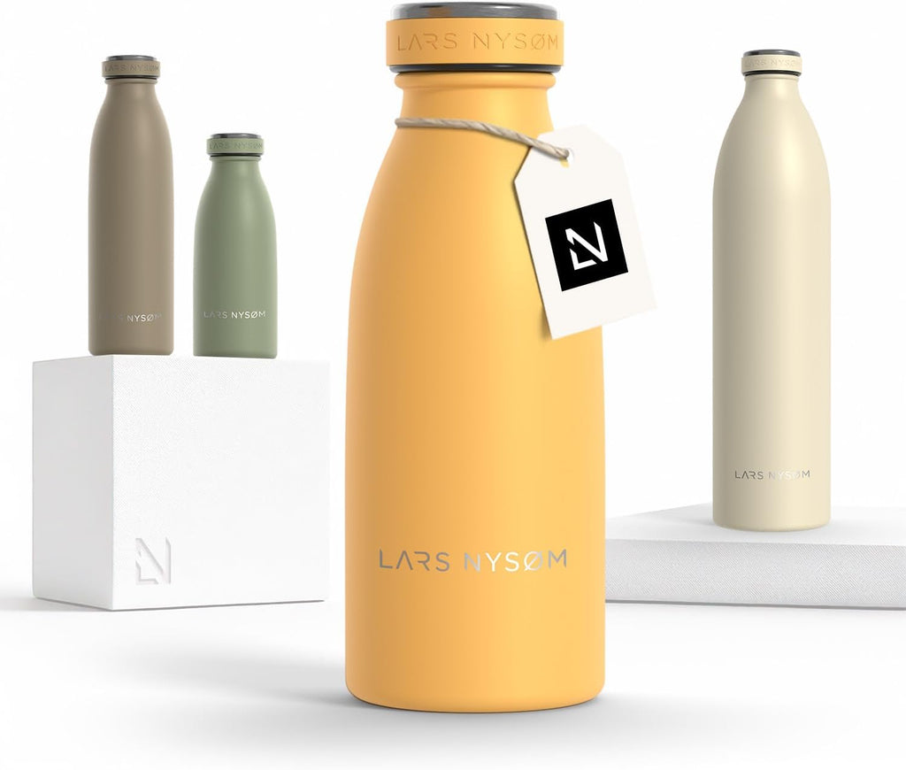 LARS NYSØM Botella de agua aislada de acero inoxidable de 12 onzas, 17 onzas, 25 onzas, 34 onzas, 51 onzas, frasco térmico aislado para bebidas calientes y frías, botella a prueba de fugas (amarillo