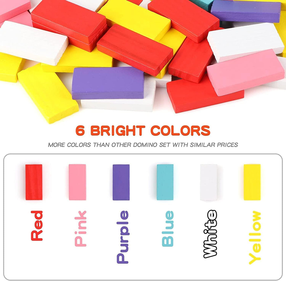 Wondertoys Juego de 600 piezas de dominó para niños, bloques de construcción de madera, 6 colores, dominó a granel, juegos de azulejos de carreras, juguete educativo para fiesta de cumpleaños de