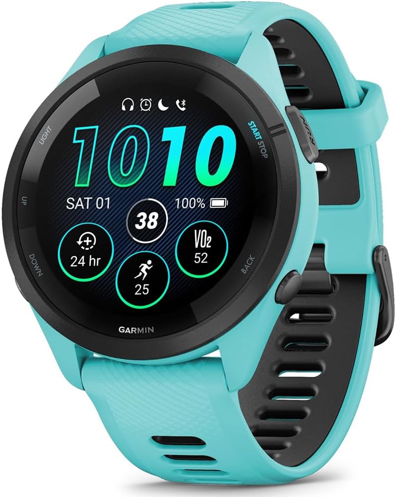 Garmin Forerunner 265 Reloj inteligente GPS para correr, pantalla AMOLED, 1.811 in, aguamarina/negro, 010-02810-02 - Paquete con plan CPS de 26 meses Deco Essentials