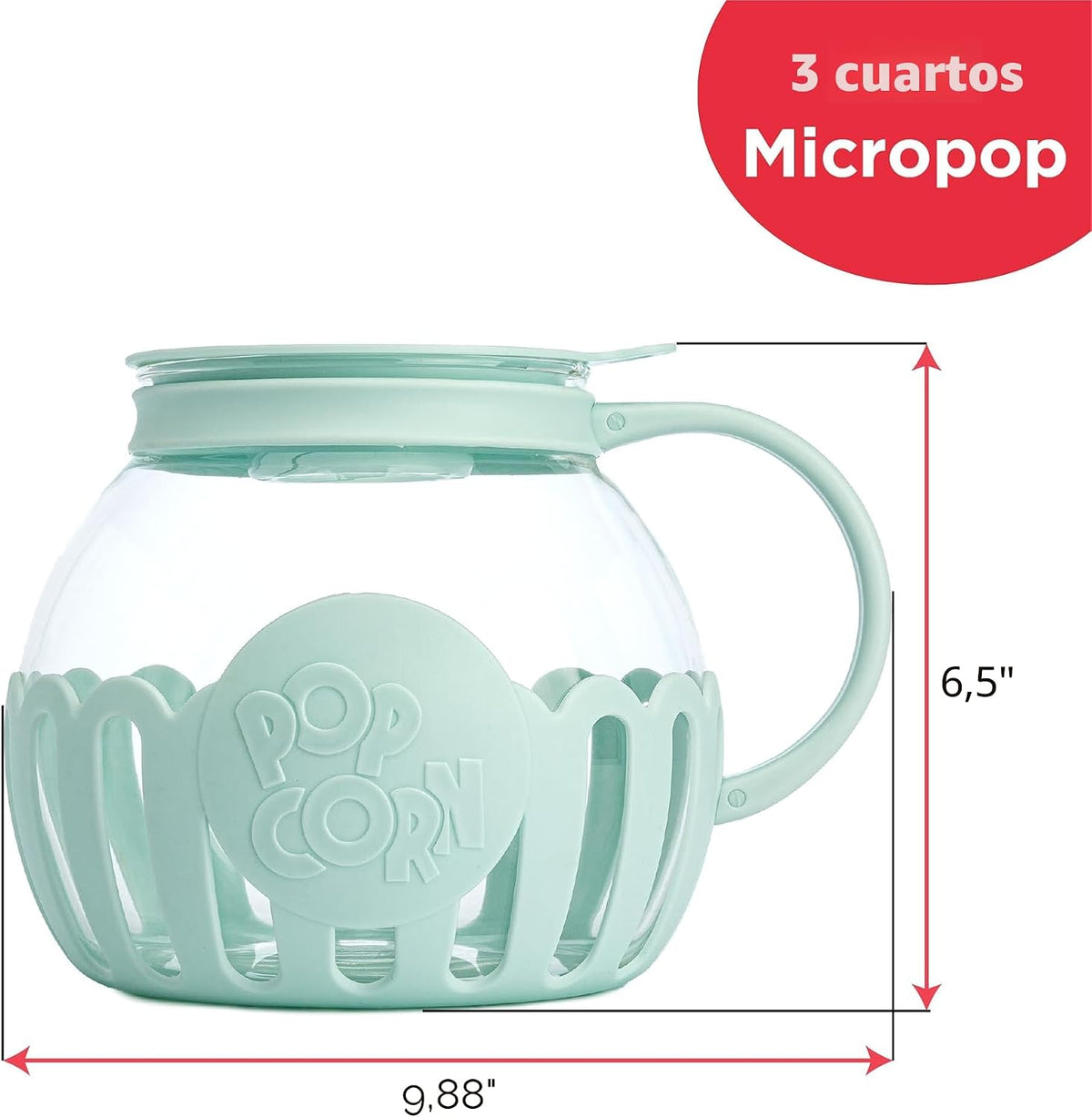 Ecolution - Palomitero MicroPop patentado para microondas, con vidrio seguro para temperatura, tapa 3 en 1 mide granos y derrite mantequilla, hecho sin BPA, apto para lavavajillas, 3 cuartos de galón